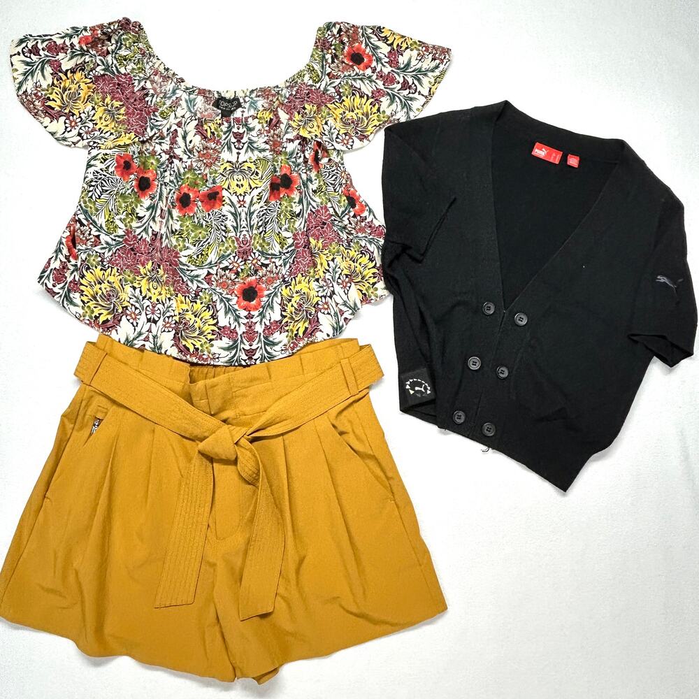 3pc Outfit Womens 6 Athleta Paper Bag Shorts & TopShop Flowy Crop Puma M Sweater